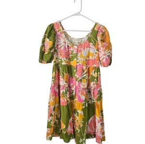 Julie Brown Floral Tropical Print Linen Blend Button Front Dress S Puff Sleeves